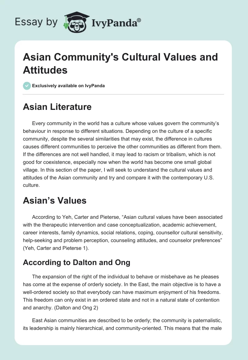 Asian Community's Cultural Values and Attitudes. Page 1