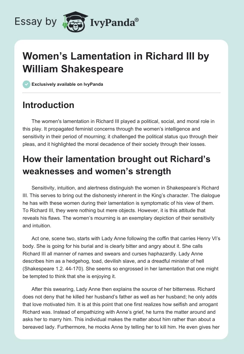 Women’s Lamentation in "Richard III" by William Shakespeare. Page 1