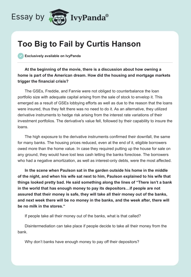 "Too Big to Fail" by Curtis Hanson. Page 1