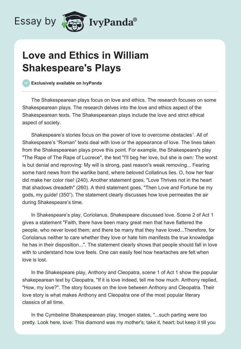 Love and Ethics in William Shakespeare's Plays. Page 1