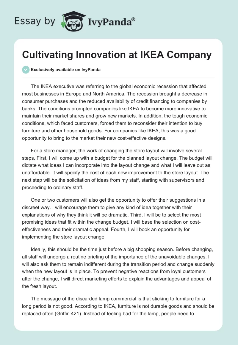 Cultivating Innovation at IKEA Company. Page 1