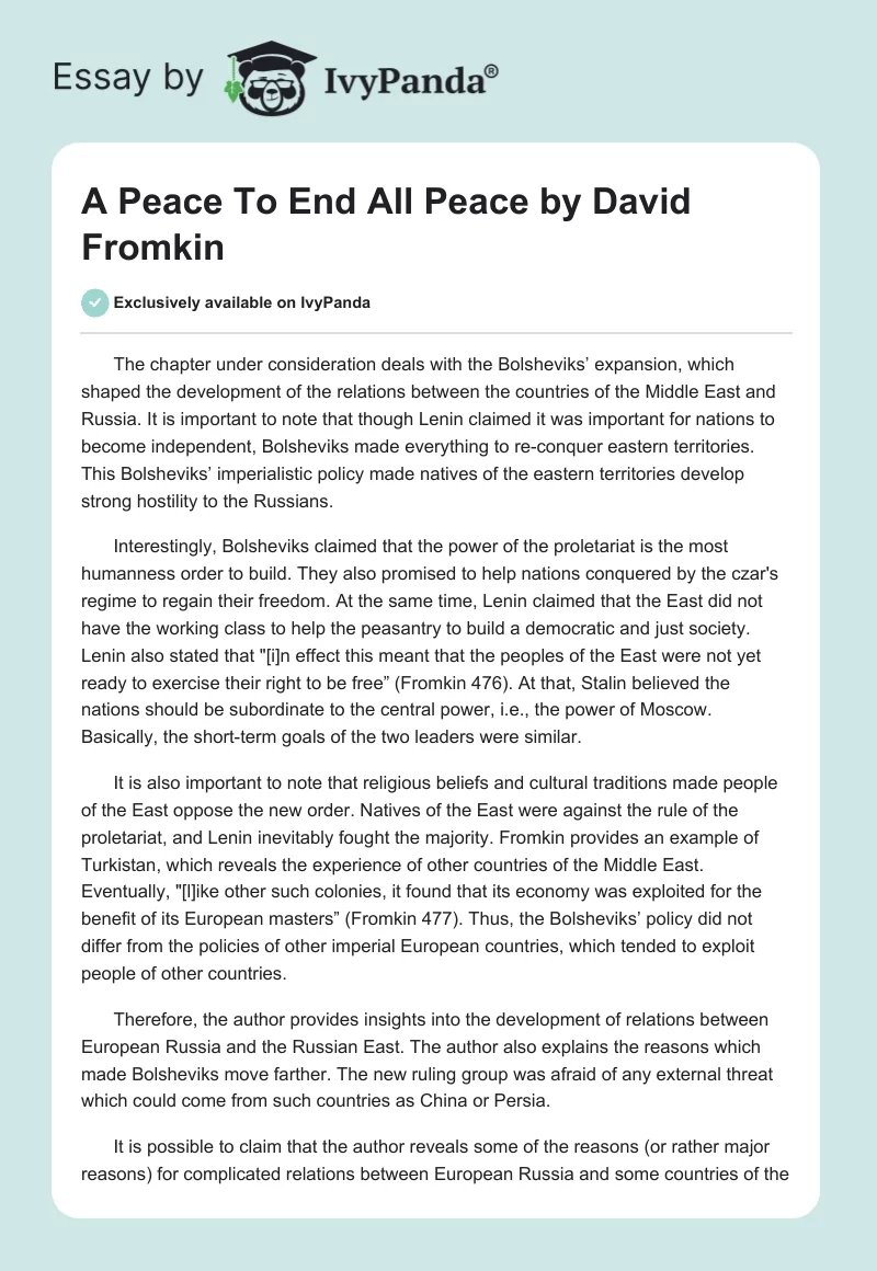 "A Peace To End All Peace" by David Fromkin. Page 1