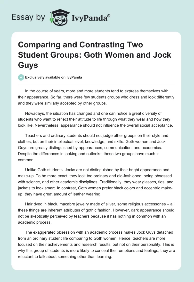 Comparing and Contrasting Two Student Groups: Goth Women and Jock Guys. Page 1