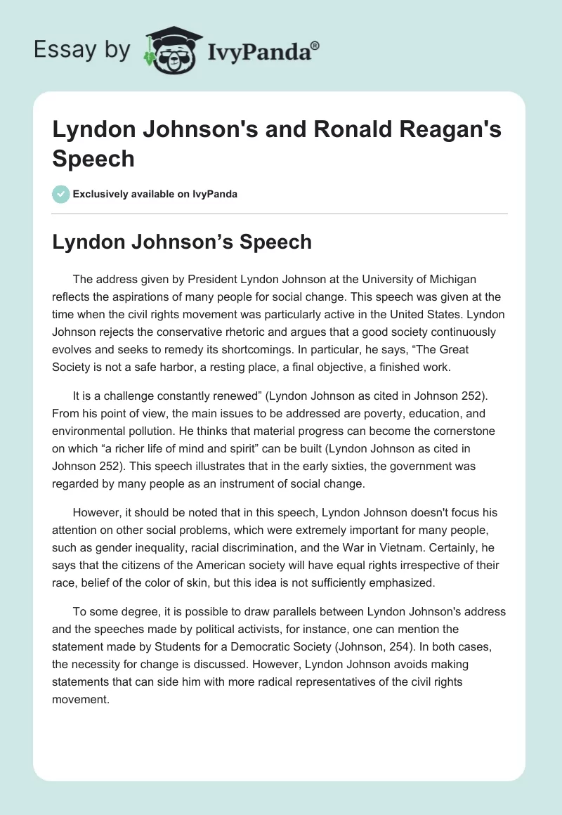 Lyndon Johnson's and Ronald Reagan's Speech. Page 1