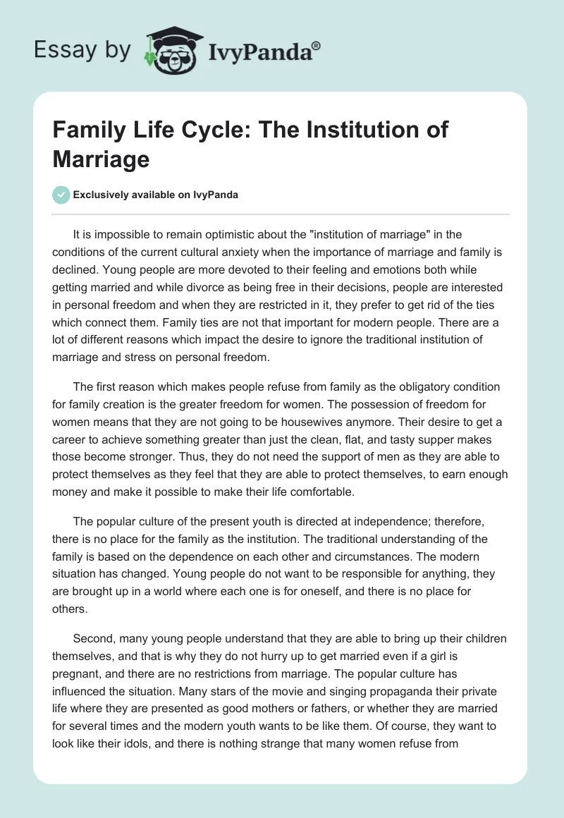 Family Life Cycle: The Institution of Marriage. Page 1