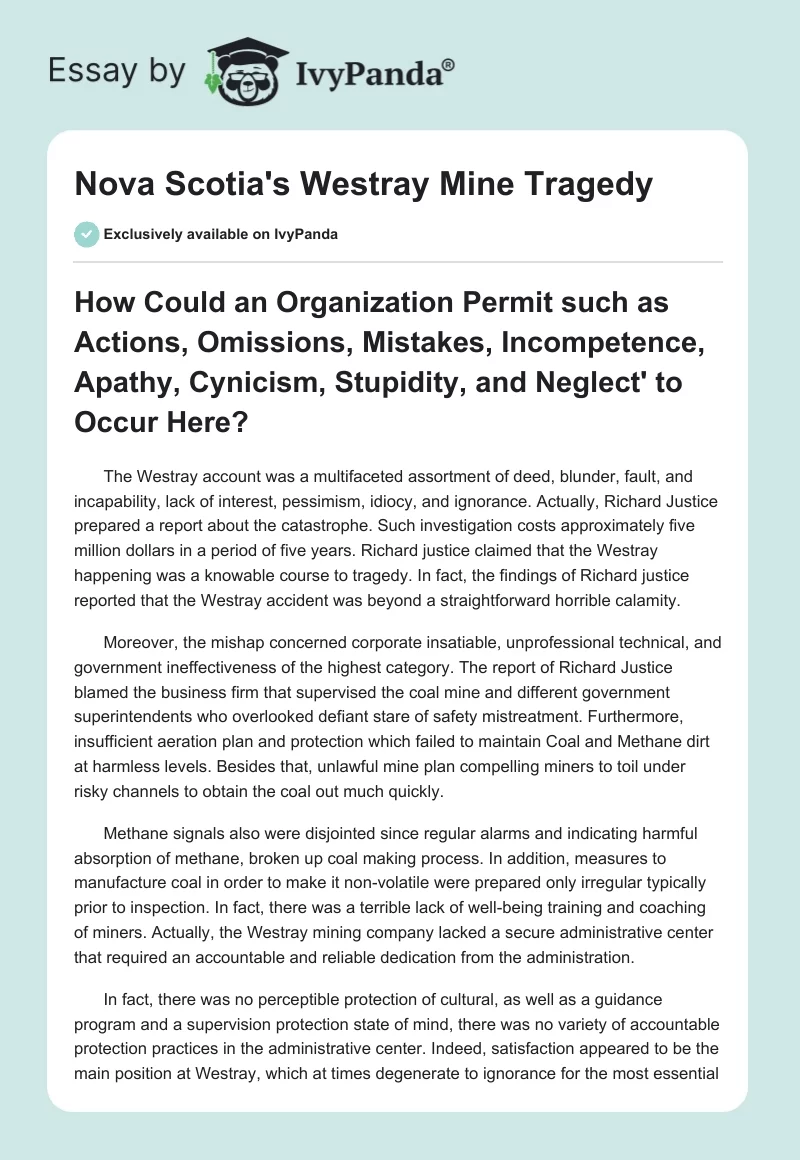 Nova Scotia's Westray Mine Tragedy. Page 1