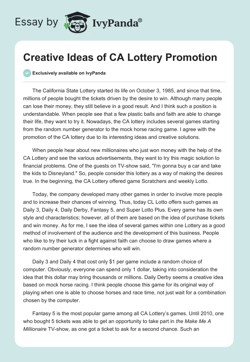Creative Ideas of CA Lottery Promotion. Page 1