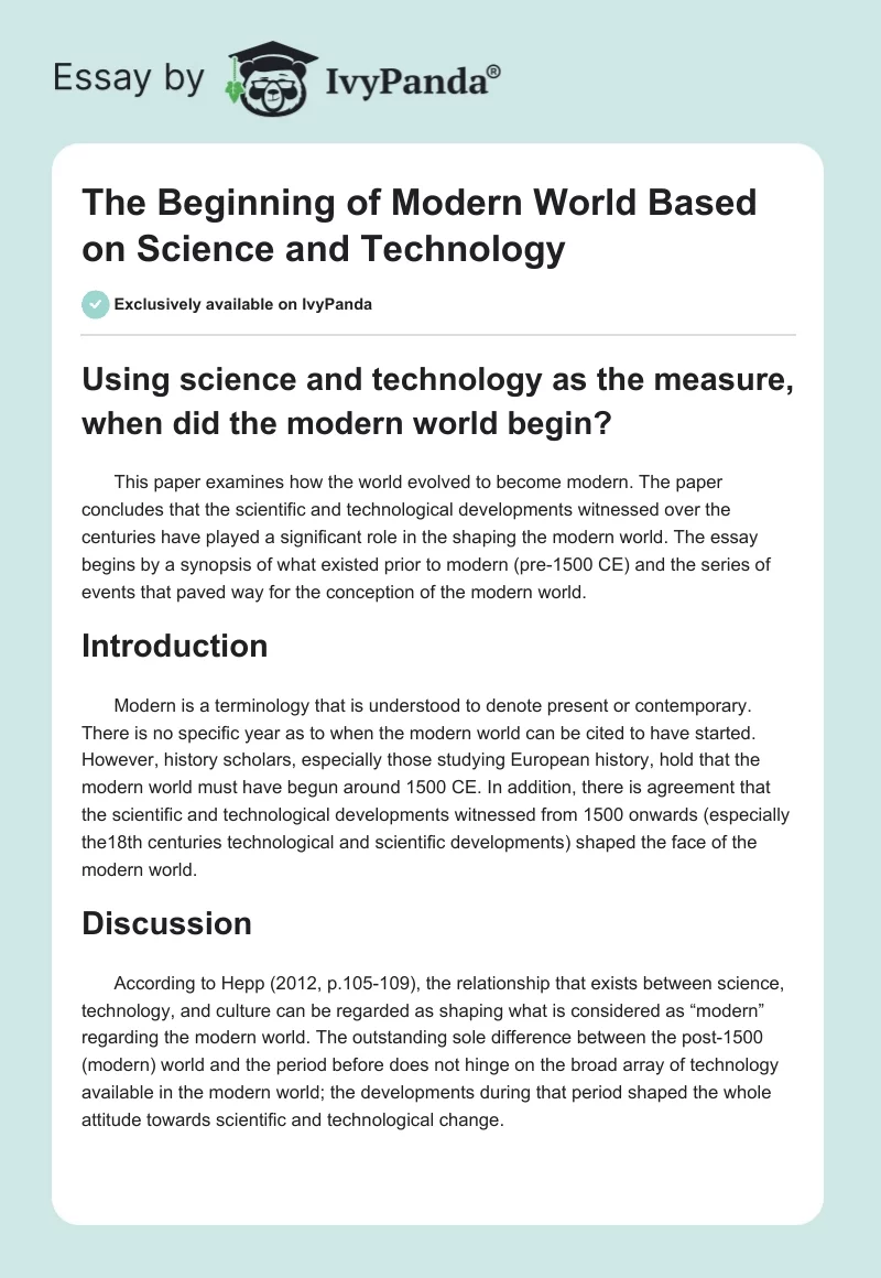 The Beginning of Modern World Based on Science and Technology. Page 1