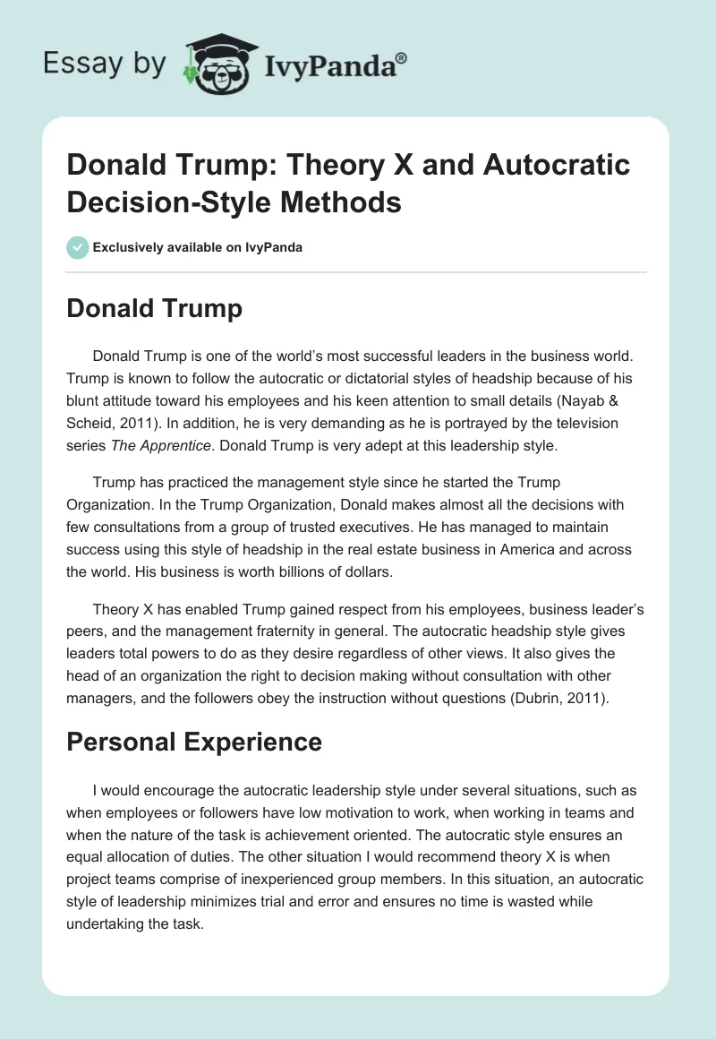 Donald Trump: Theory X and Autocratic Decision-Style Methods. Page 1