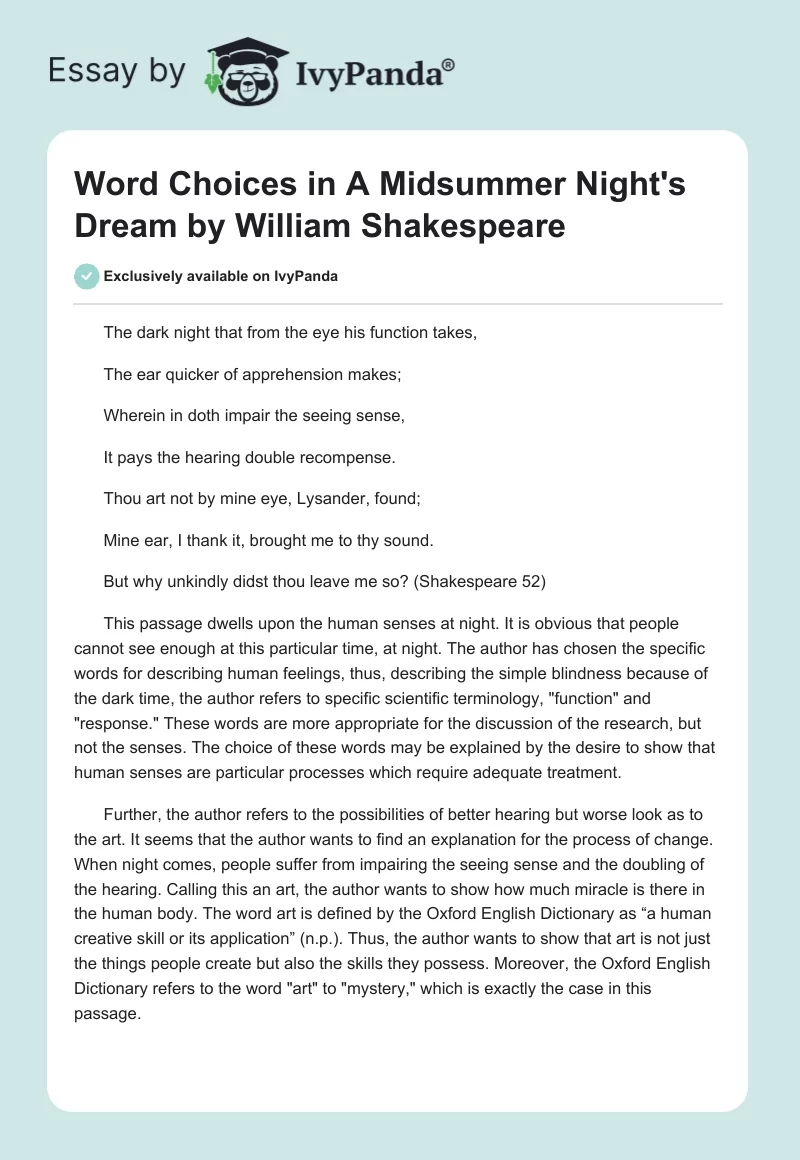 Word Choices in "A Midsummer Night's Dream" by William Shakespeare. Page 1