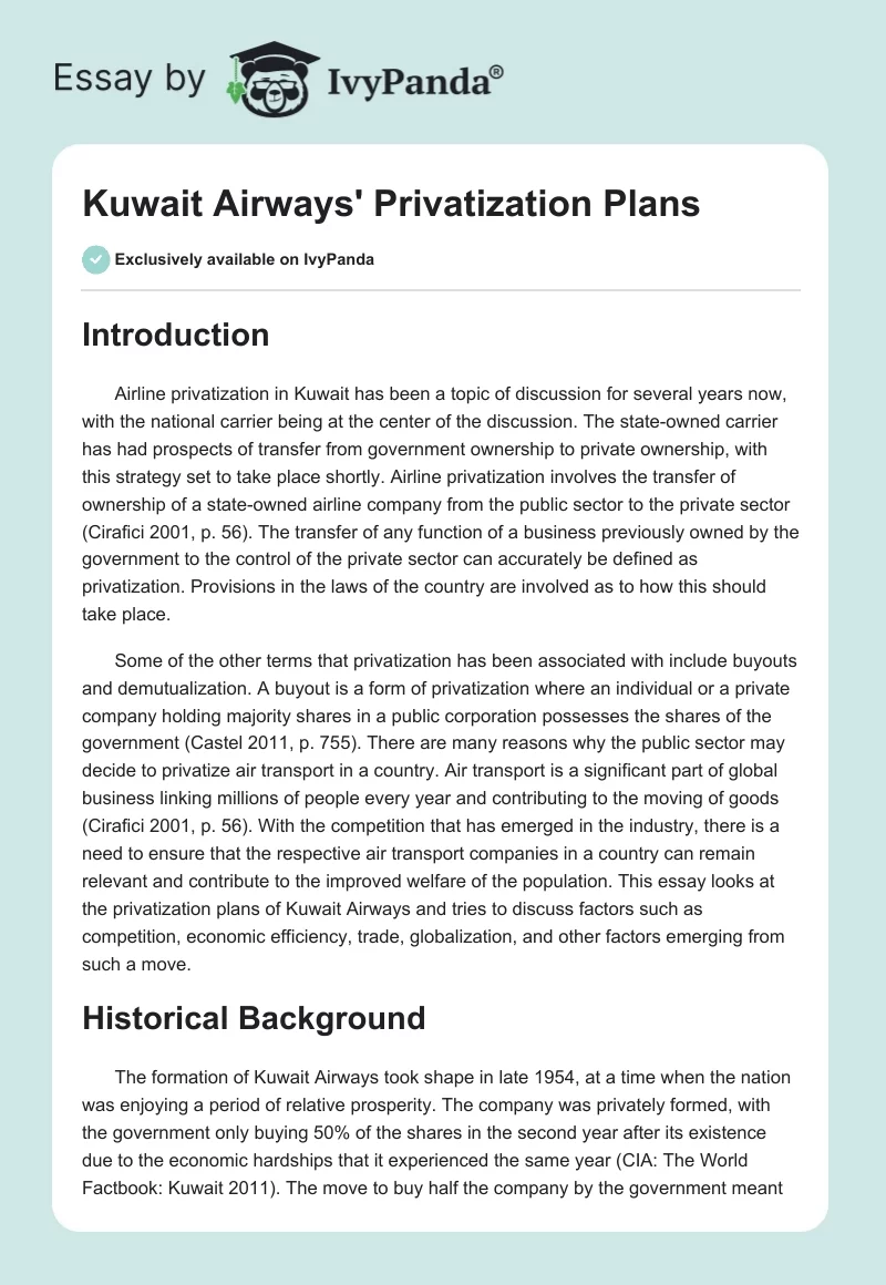 Kuwait Airways' Privatization Plans. Page 1
