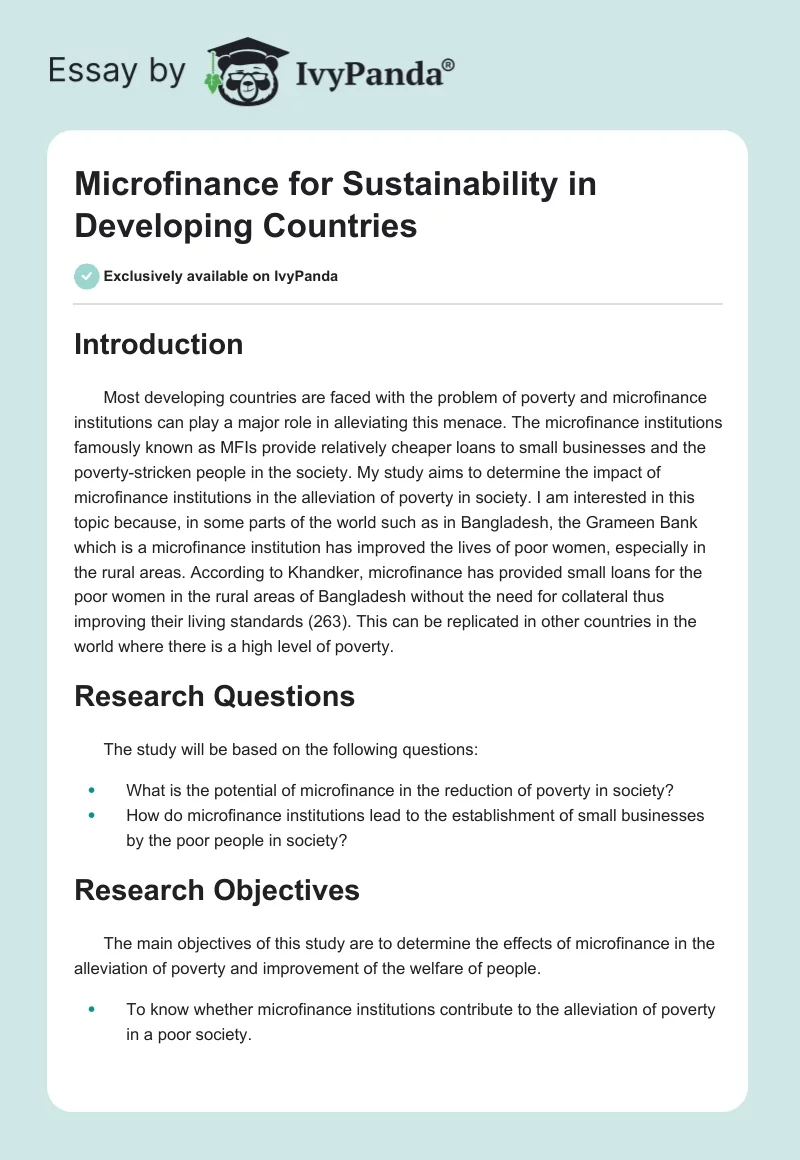 Microfinance for Sustainability in Developing Countries. Page 1