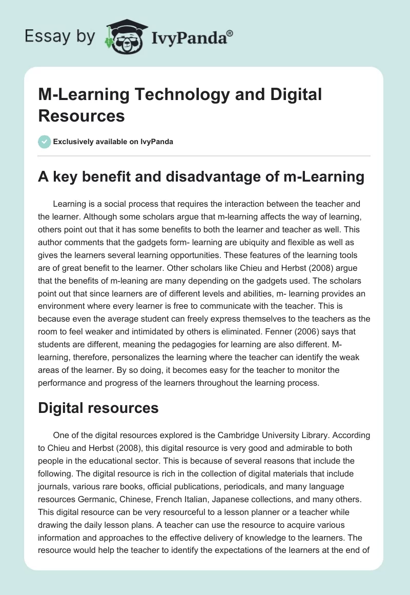 M-Learning Technology and Digital Resources. Page 1