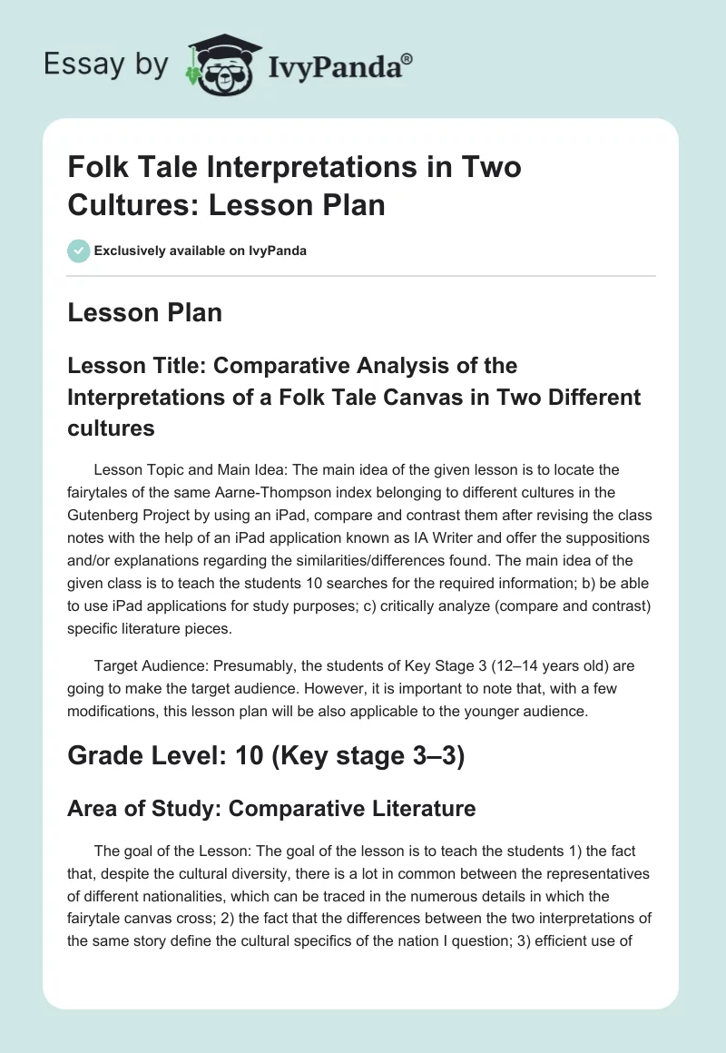 Folk Tale Interpretations in Two Cultures: Lesson Plan. Page 1