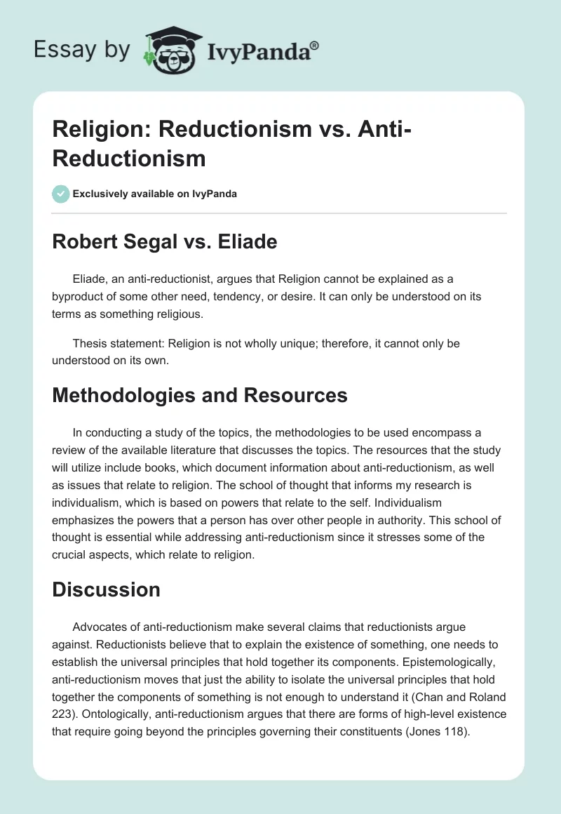Religion: Reductionism vs. Anti-Reductionism. Page 1