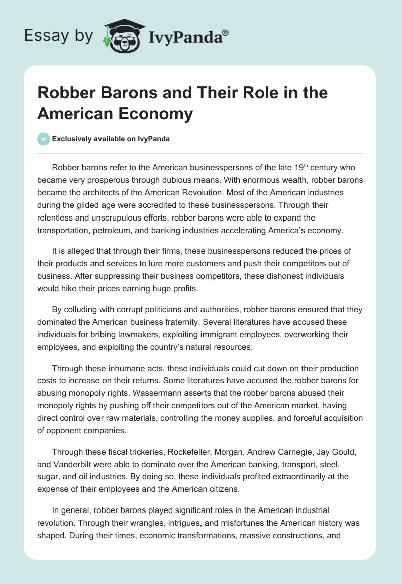 Robber Barons and Their Role in the American Economy. Page 1