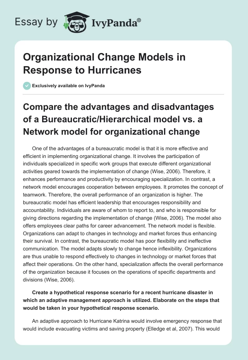 Organizational Change Models in Response to Hurricanes. Page 1