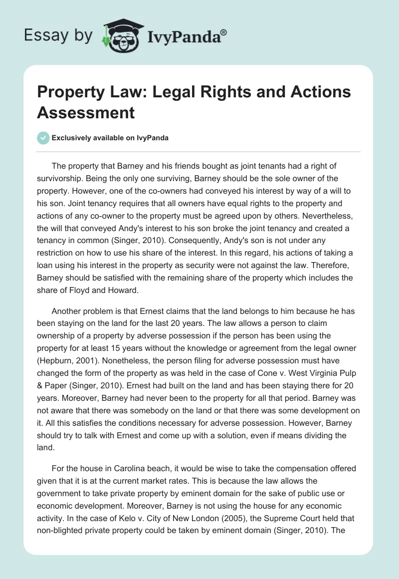 Property Law: Legal Rights and Actions Assessment. Page 1
