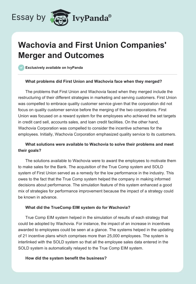 Wachovia and First Union Companies' Merger and Outcomes. Page 1