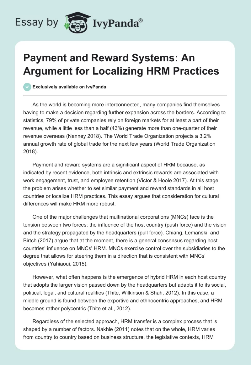 Payment and Reward Systems: An Argument for Localizing HRM Practices. Page 1