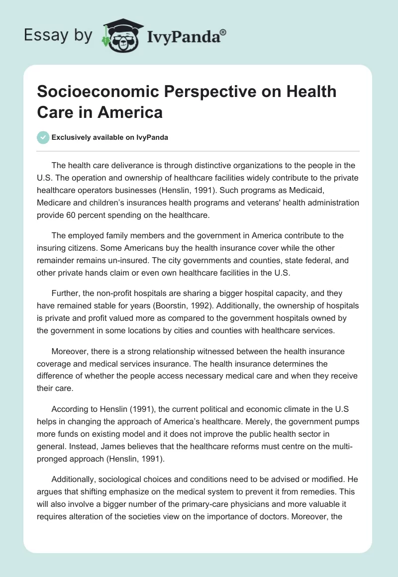 Socioeconomic Perspective on Health Care in America. Page 1