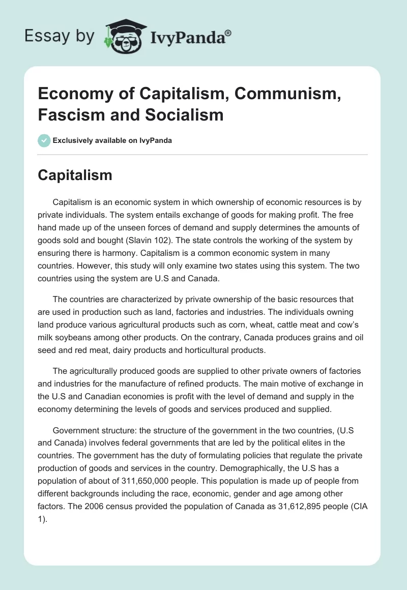 Economy of Capitalism, Communism, Fascism and Socialism. Page 1