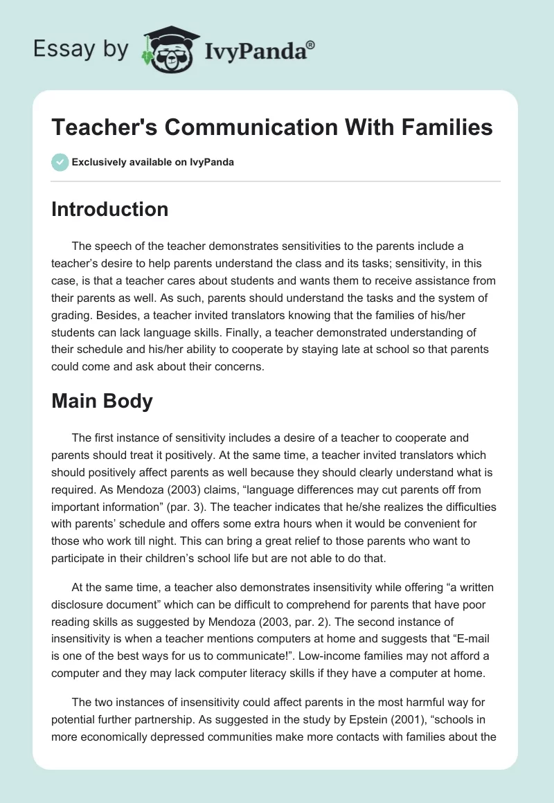 Teacher's Communication With Families. Page 1