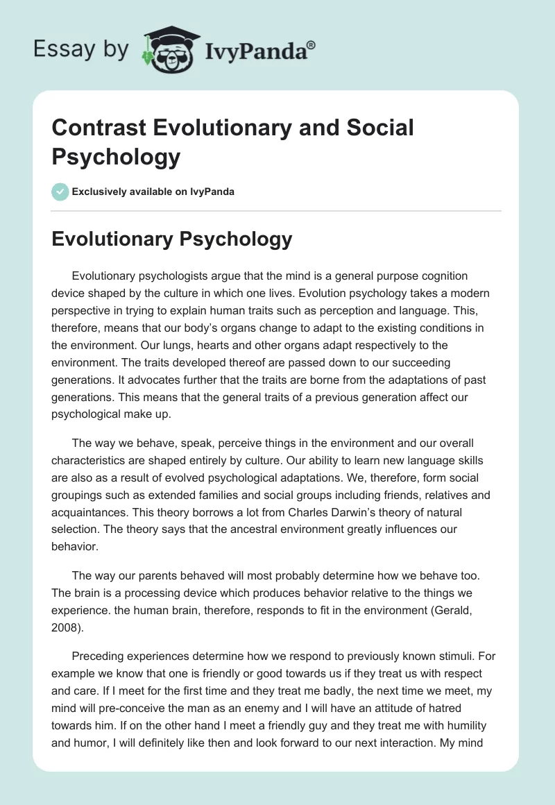 Contrast Evolutionary and Social Psychology. Page 1