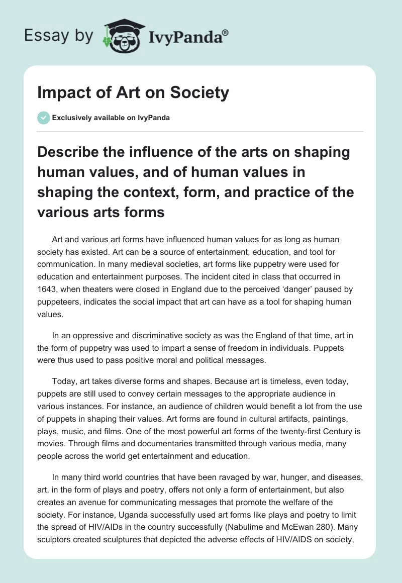 Impact of Art on Society. Page 1