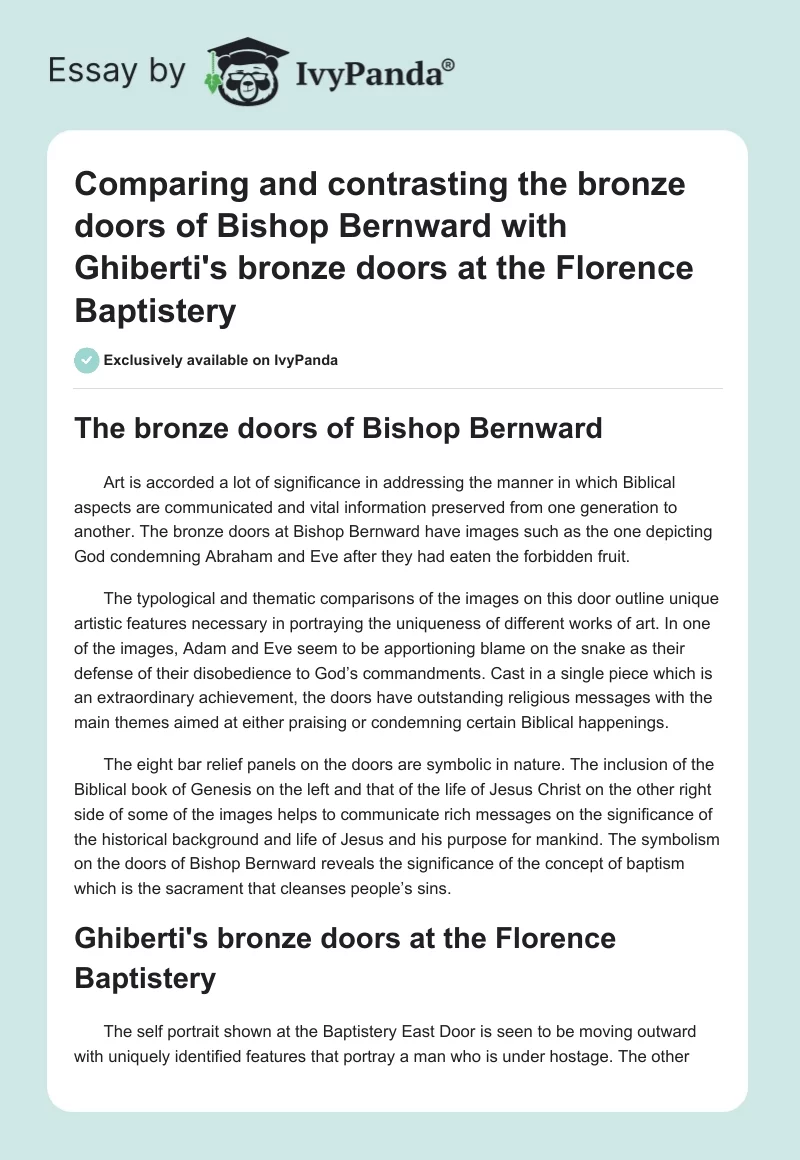 Comparing and contrasting the bronze doors of Bishop Bernward with Ghiberti's bronze doors at the Florence Baptistery. Page 1
