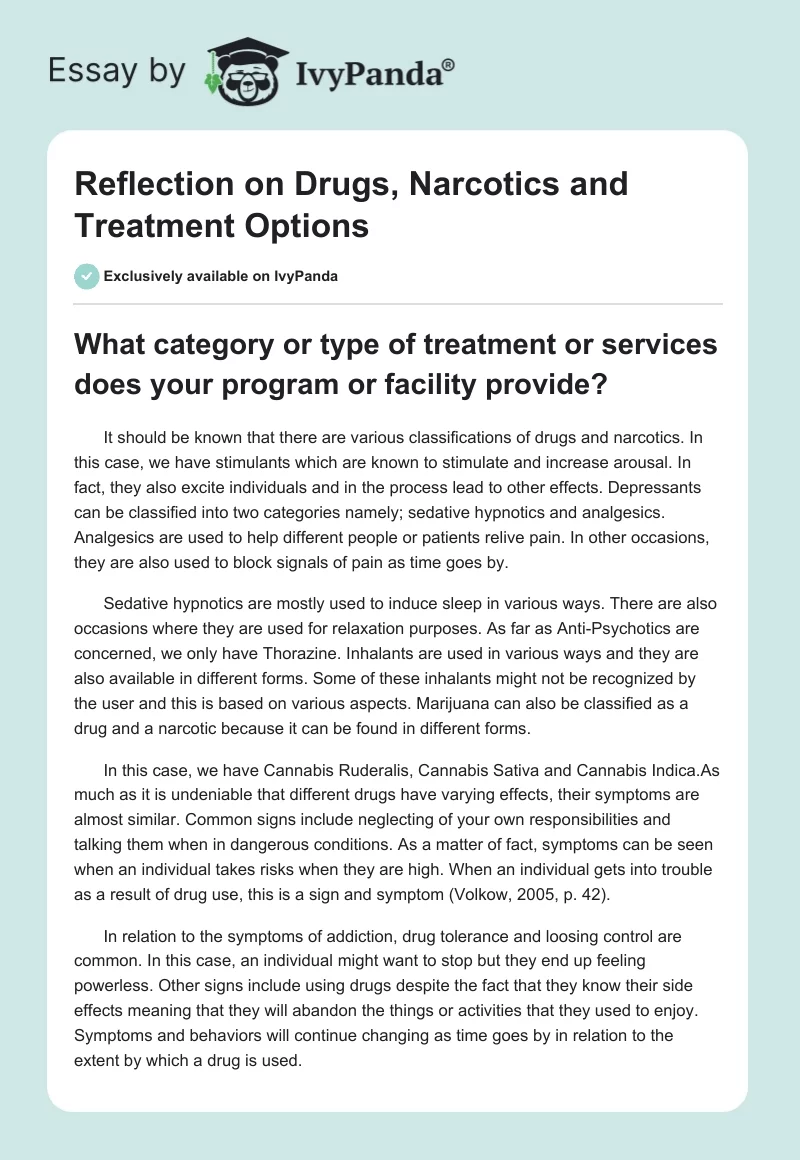 Reflection on Drugs, Narcotics and Treatment Options. Page 1