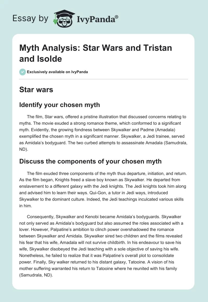Myth Analysis: "Star Wars" and "Tristan and Isolde". Page 1