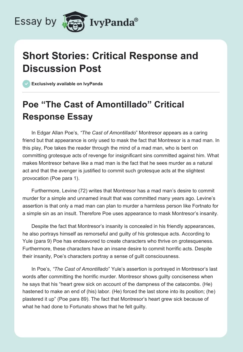 Short Stories: Critical Response and Discussion Post. Page 1
