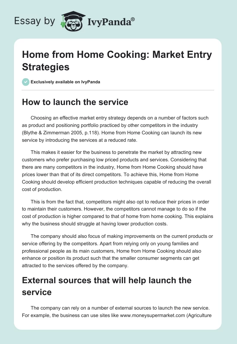 Home from Home Cooking: Market Entry Strategies. Page 1