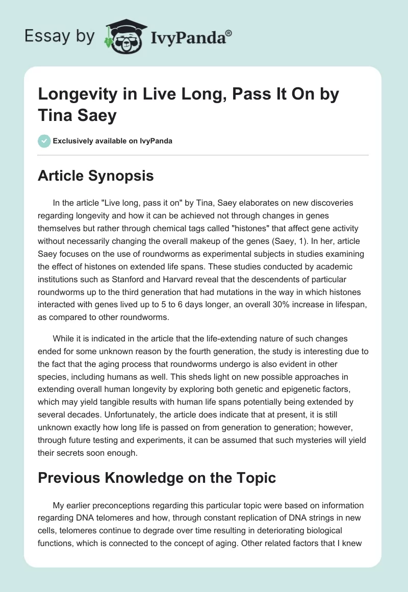 Longevity in "Live Long, Pass It On" by Tina Saey. Page 1