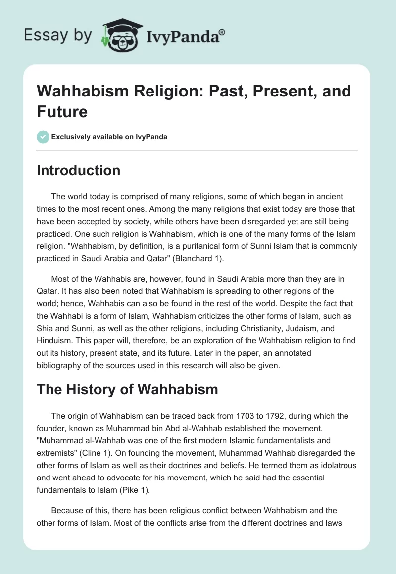 Wahhabism Religion: Past, Present, and Future. Page 1