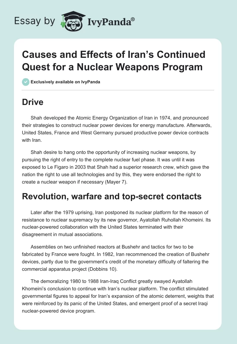 Causes and Effects of Iran’s Continued Quest for a Nuclear Weapons Program. Page 1