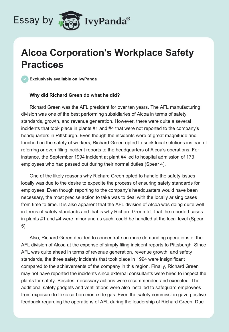 Alcoa Corporation's Workplace Safety Practices. Page 1