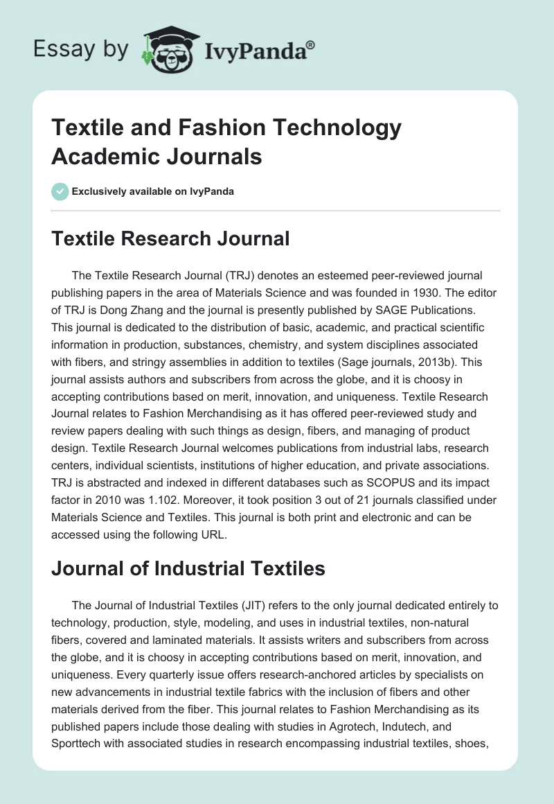 Textile and Fashion Technology Academic Journals. Page 1