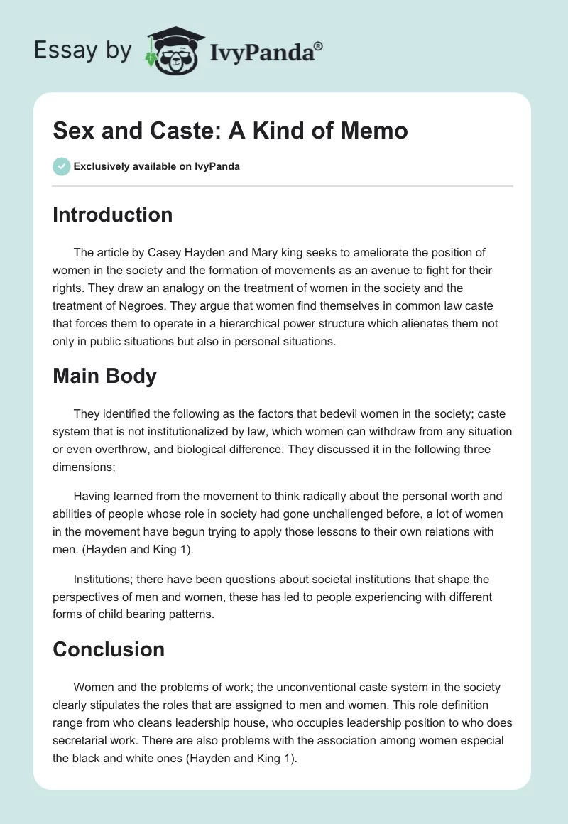 Sex and Caste: A Kind of Memo. Page 1