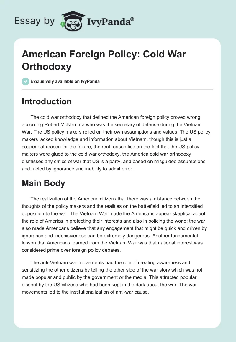 American Foreign Policy: Cold War Orthodoxy. Page 1