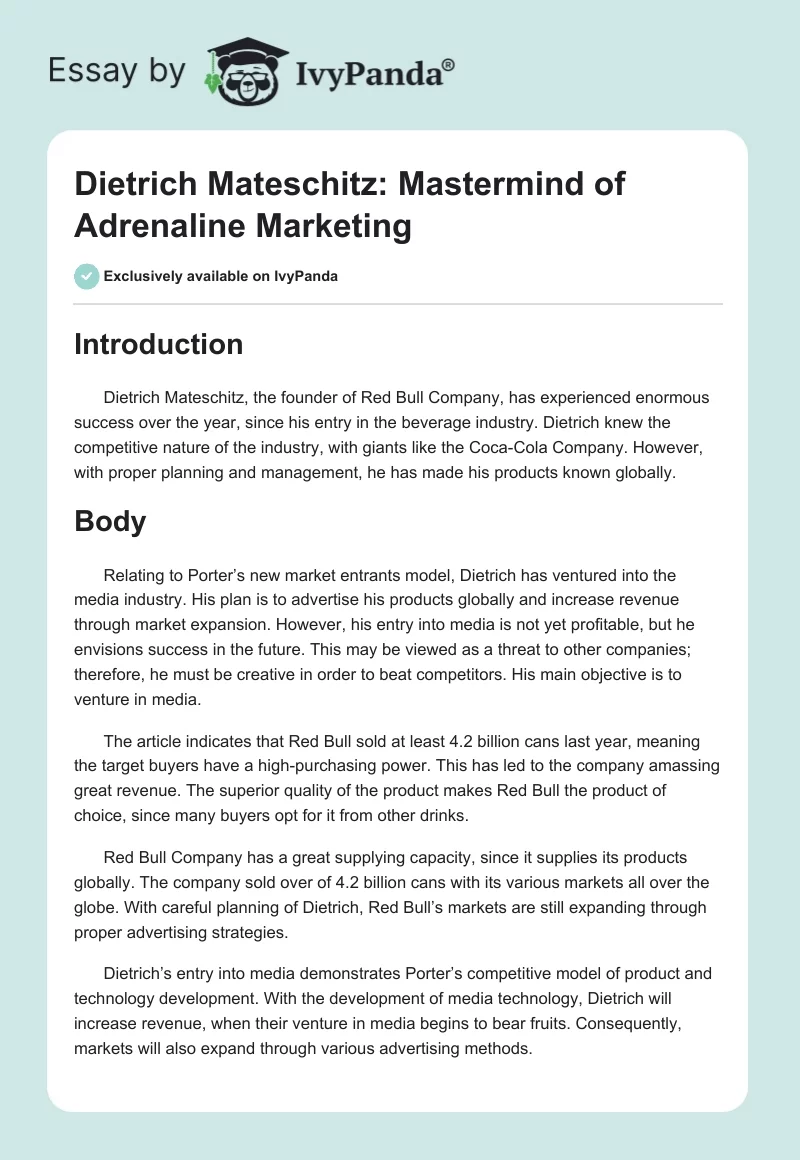Dietrich Mateschitz: Mastermind of Adrenaline Marketing. Page 1