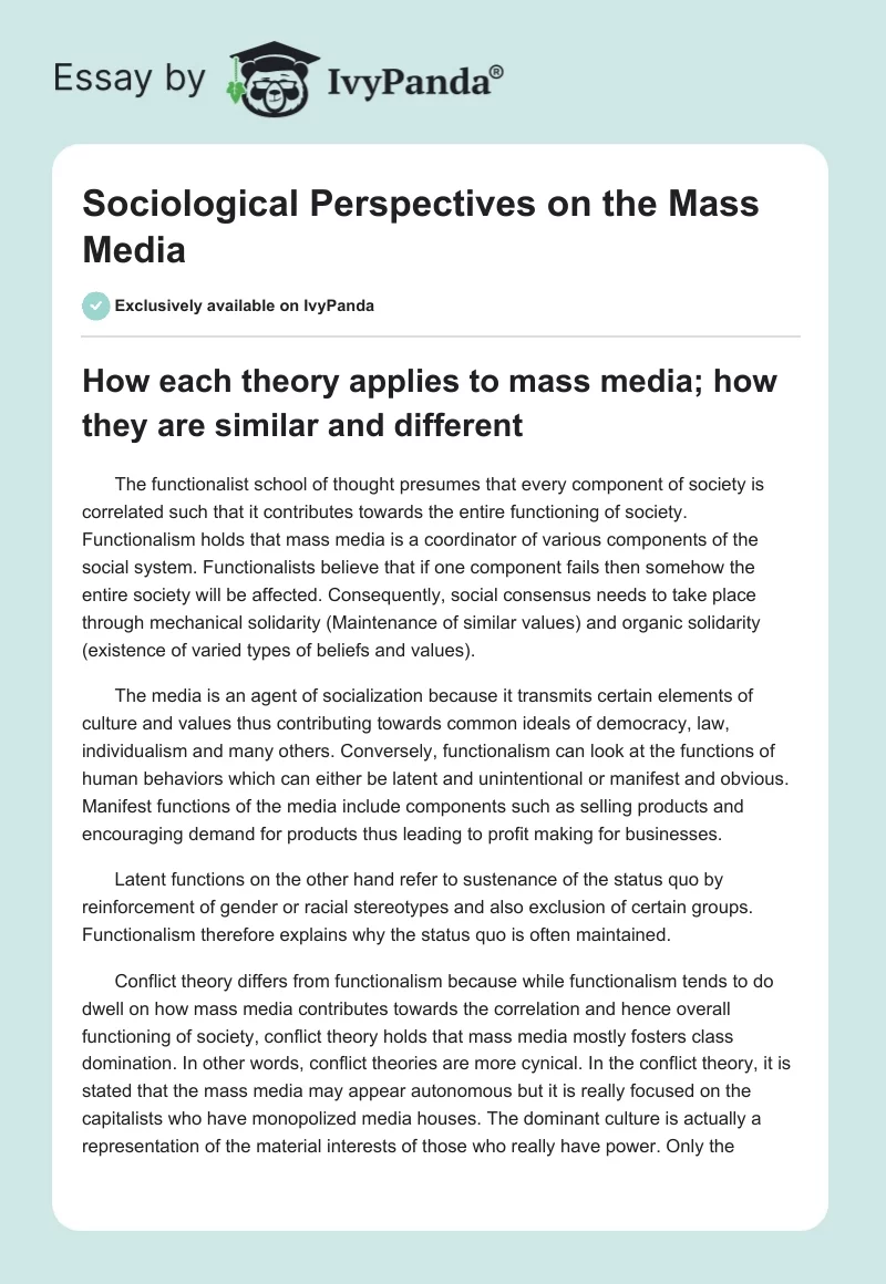 Sociological Perspectives on the Mass Media. Page 1