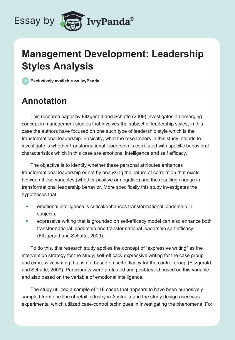 Management Development: Leadership Styles Analysis. Page 1