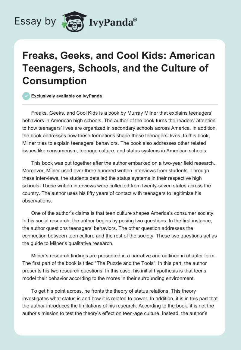 Freaks, Geeks, and Cool Kids: American Teenagers, Schools, and the Culture of Consumption. Page 1