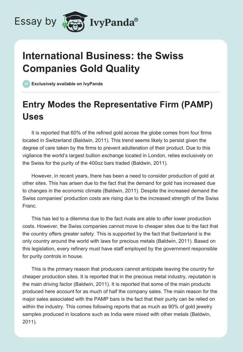International Business: the Swiss Companies Gold Quality. Page 1