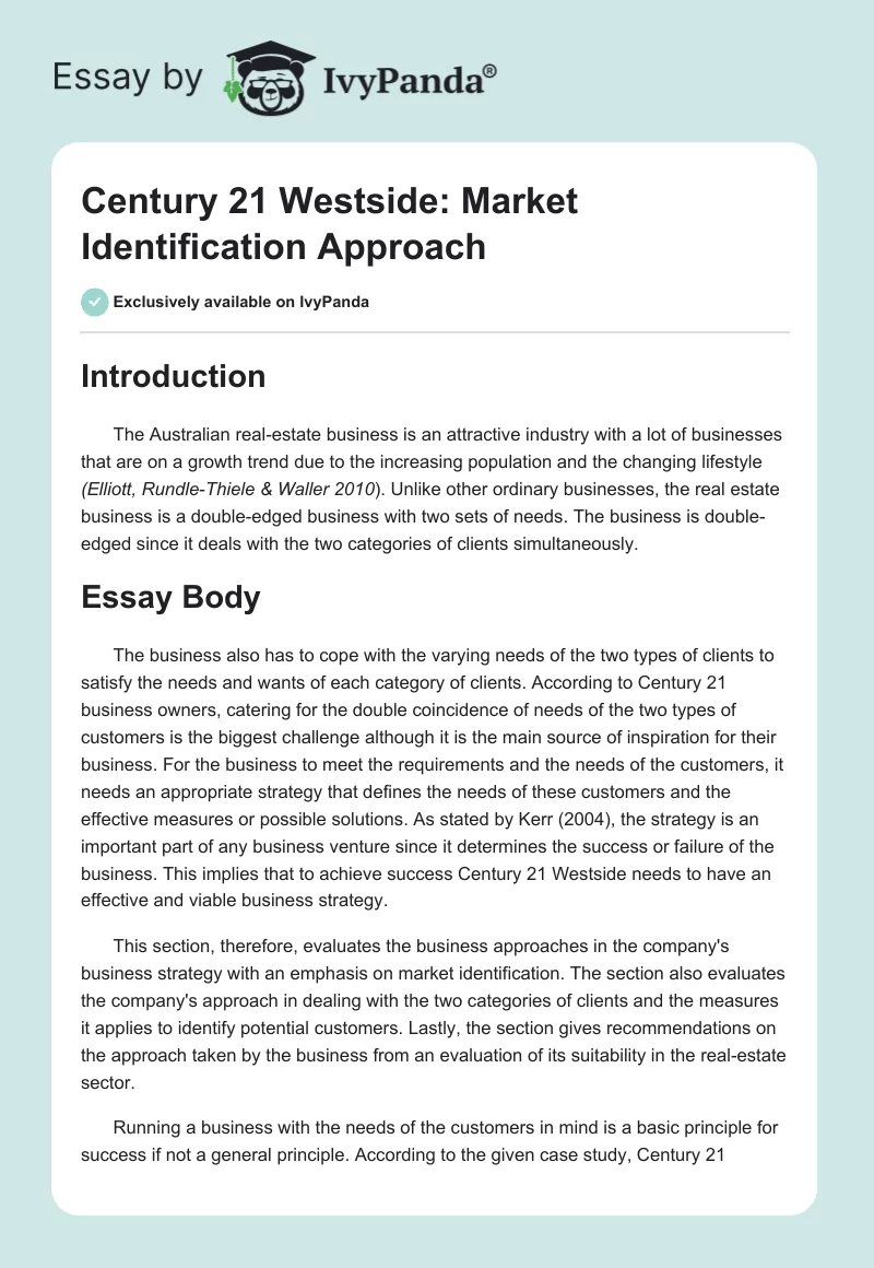 Century 21 Westside: Market Identification Approach. Page 1