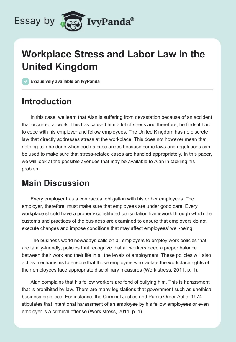 Workplace Stress and Labor Law in the United Kingdom. Page 1