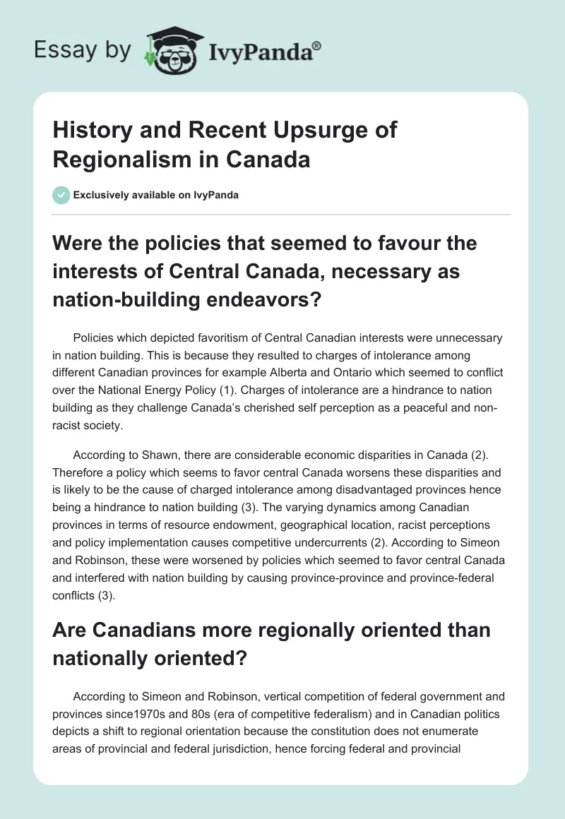 History and Recent Upsurge of Regionalism in Canada. Page 1
