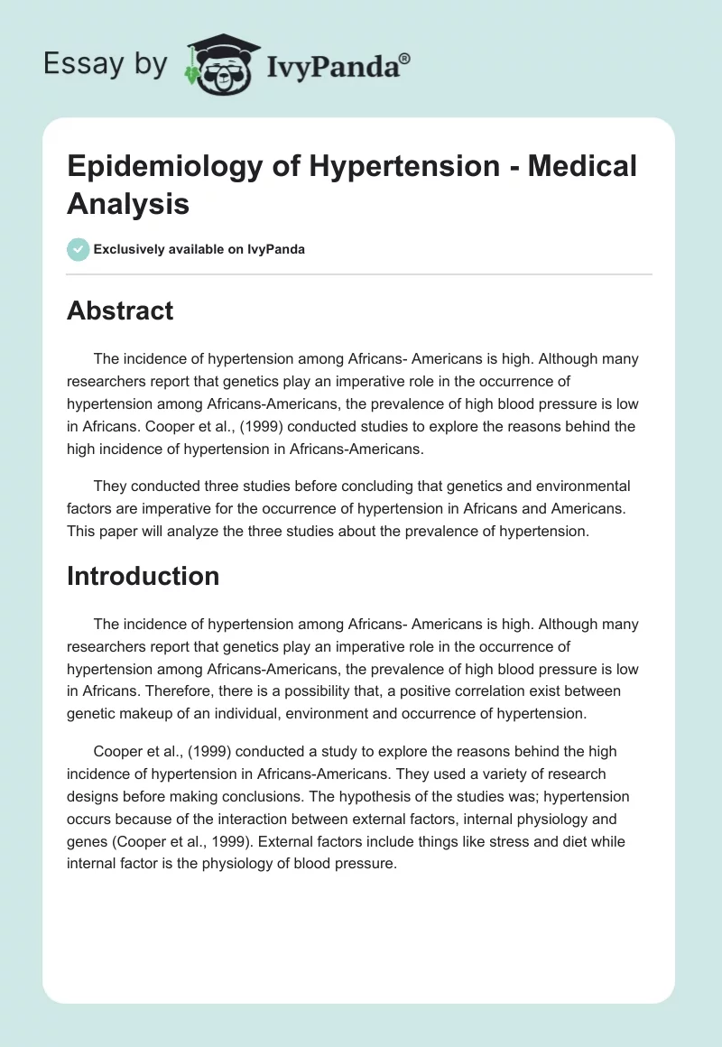 Epidemiology of Hypertension - Medical Analysis. Page 1